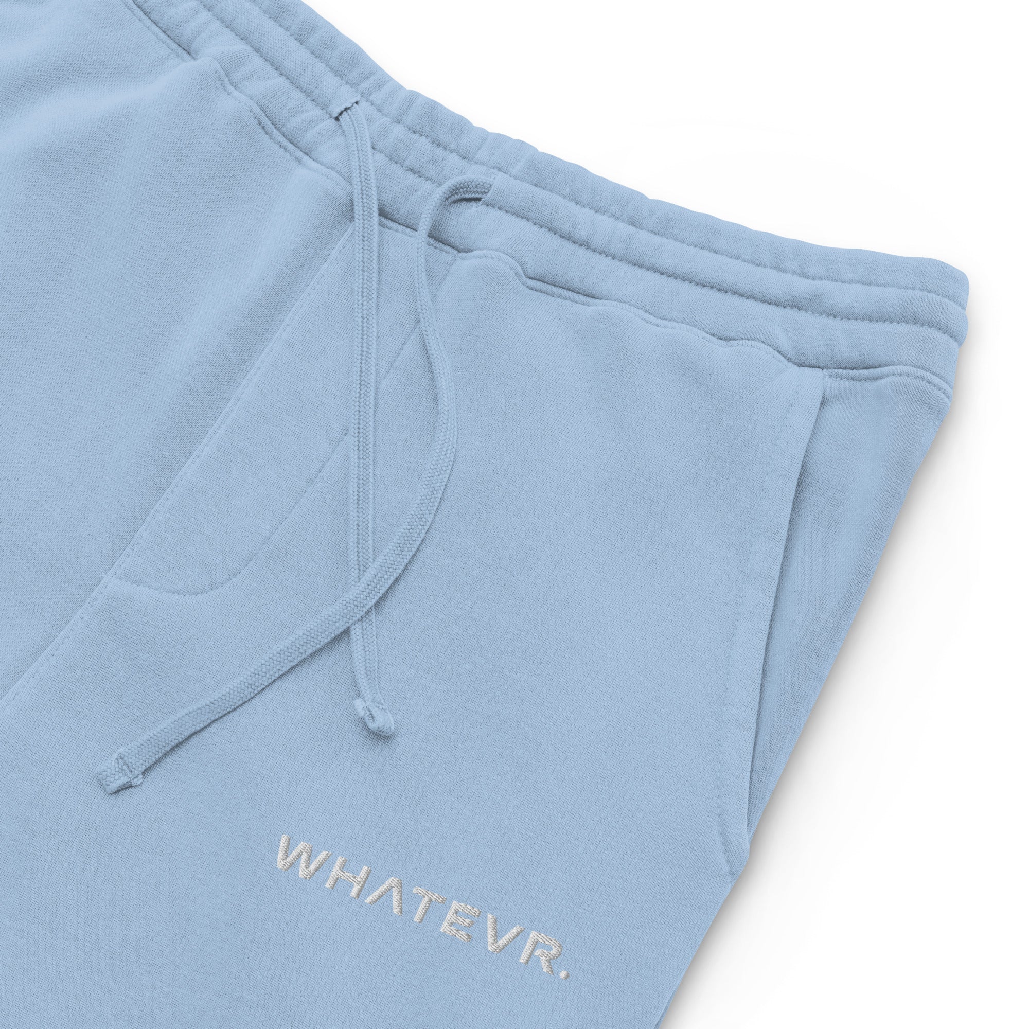 Men's essential relaxed sweatpants in blue with embroidered detailing, front view.