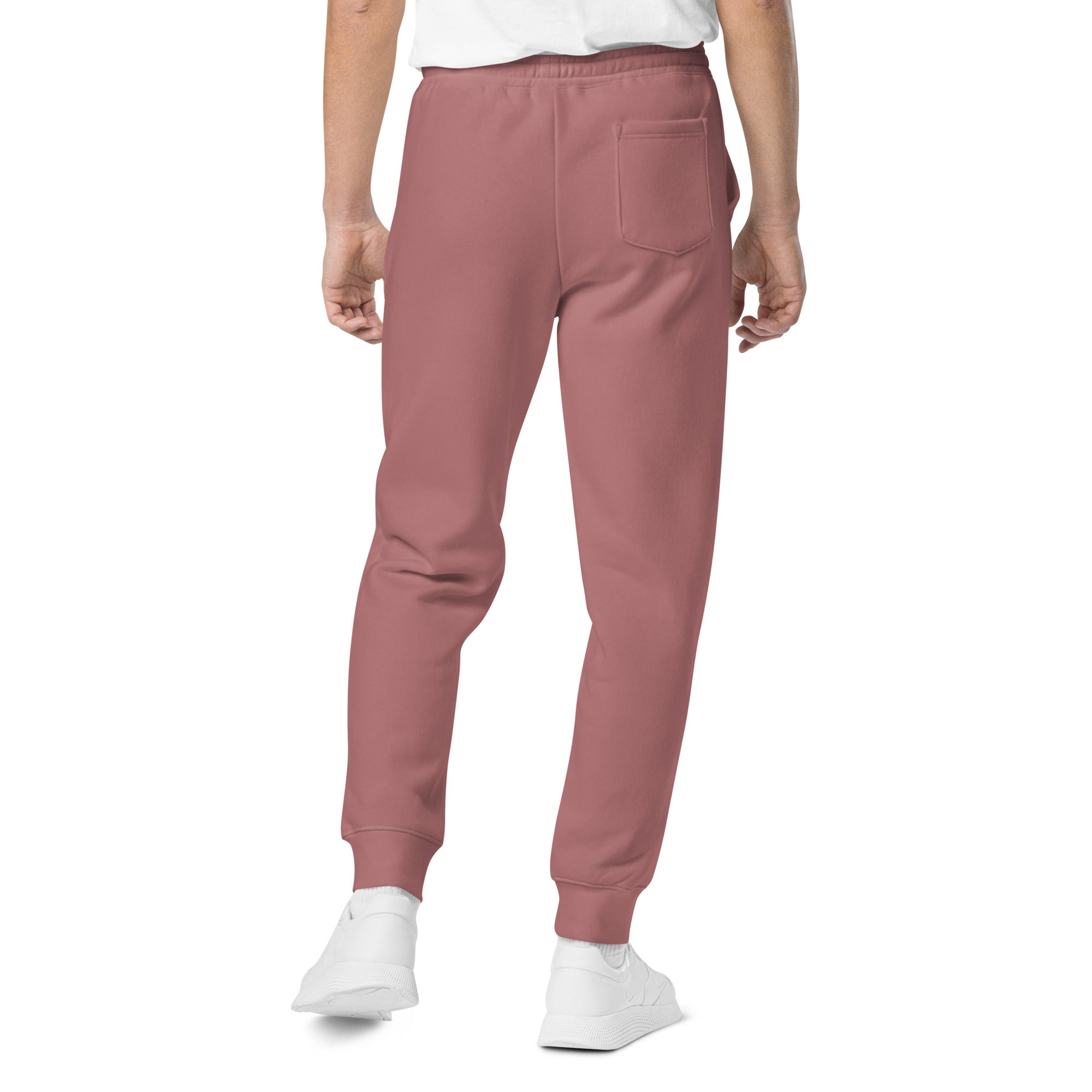 Men's essential relaxed sweatpants in maroon, back view.