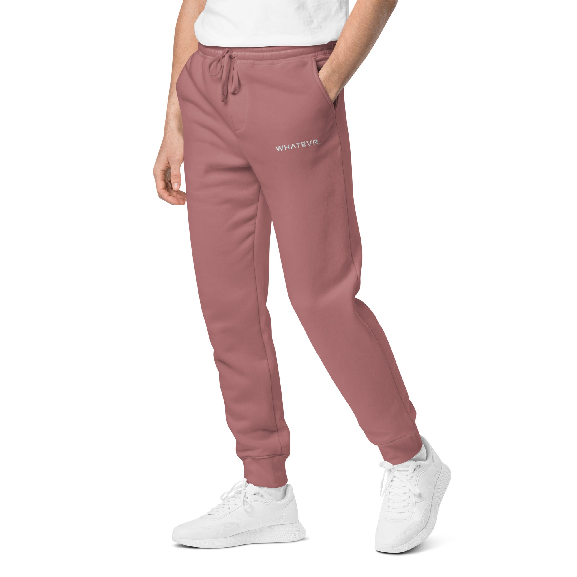 Men's essential relaxed sweatpants in maroon with embroidered detailing, front view.