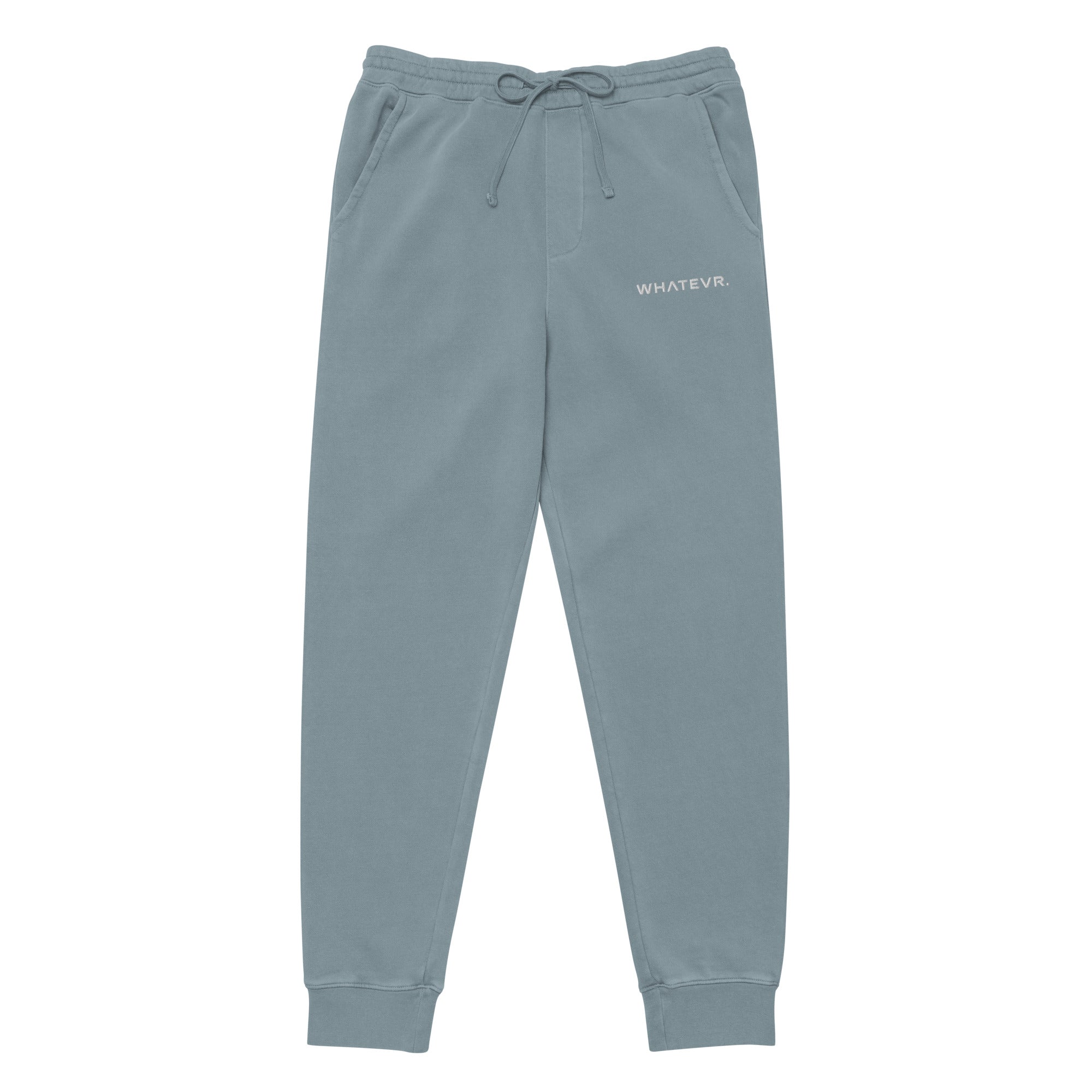 Men's essential relaxed sweatpants in blue with embroidered detailing, front view.