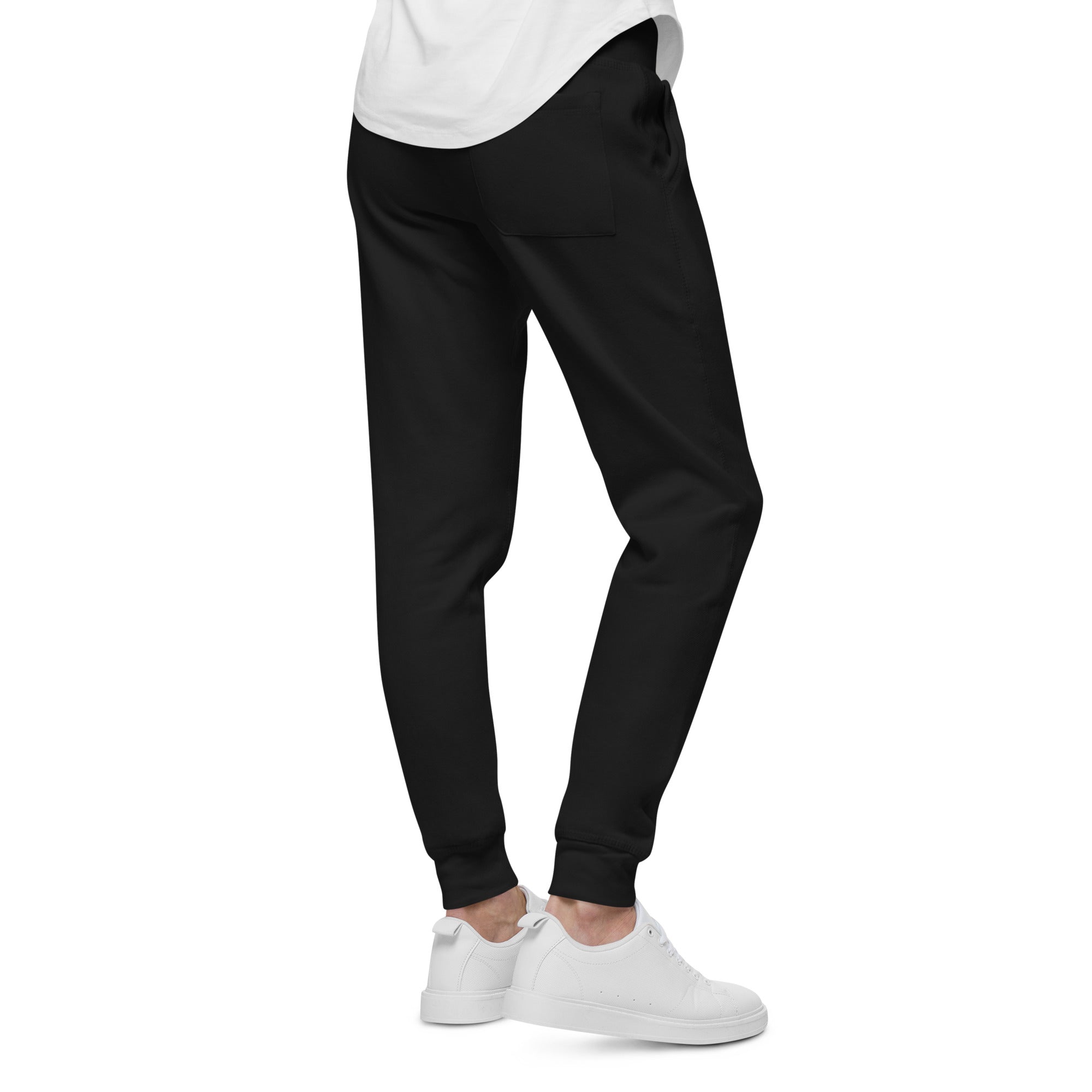 Men's essential slim fit sweatpants in black, side view.