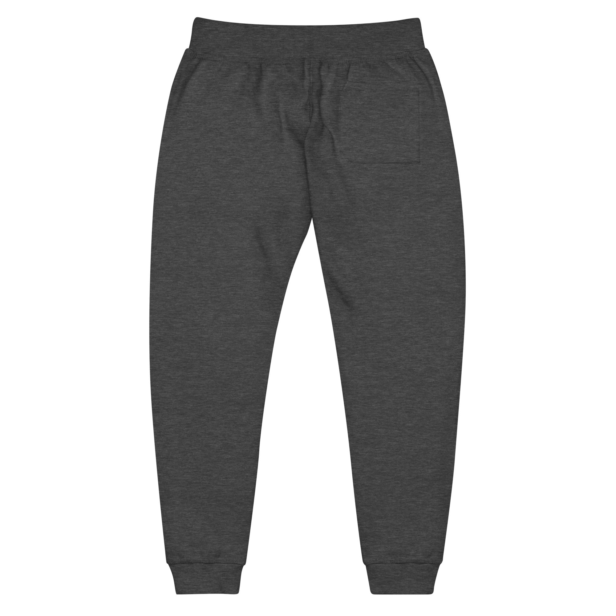 Men's essential slim fit sweatpants in dark grey, back view.