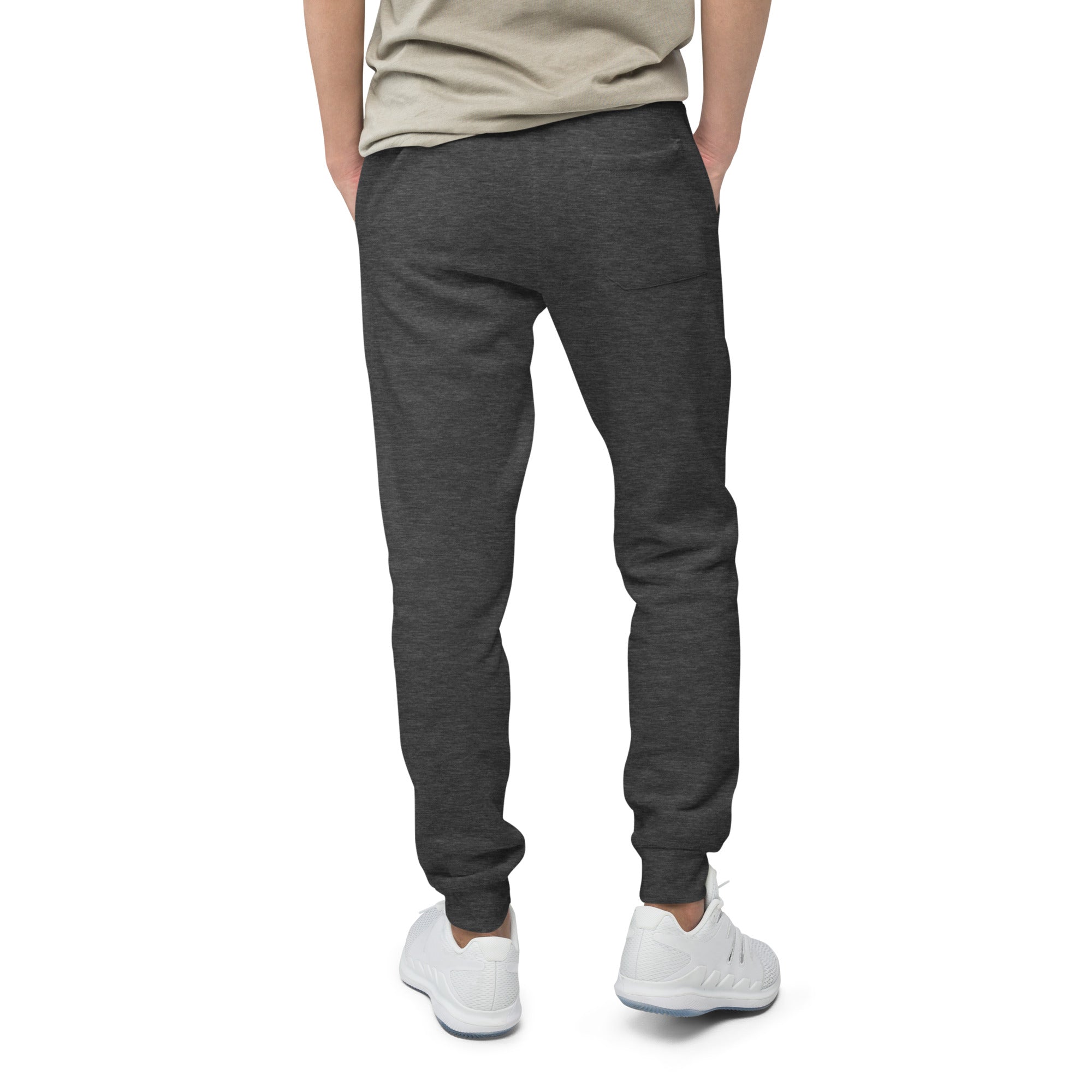 Men's essential slim fit sweatpants in dark grey, back view.