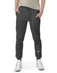 Men's essential slim fit sweatpants in dark grey, front view.