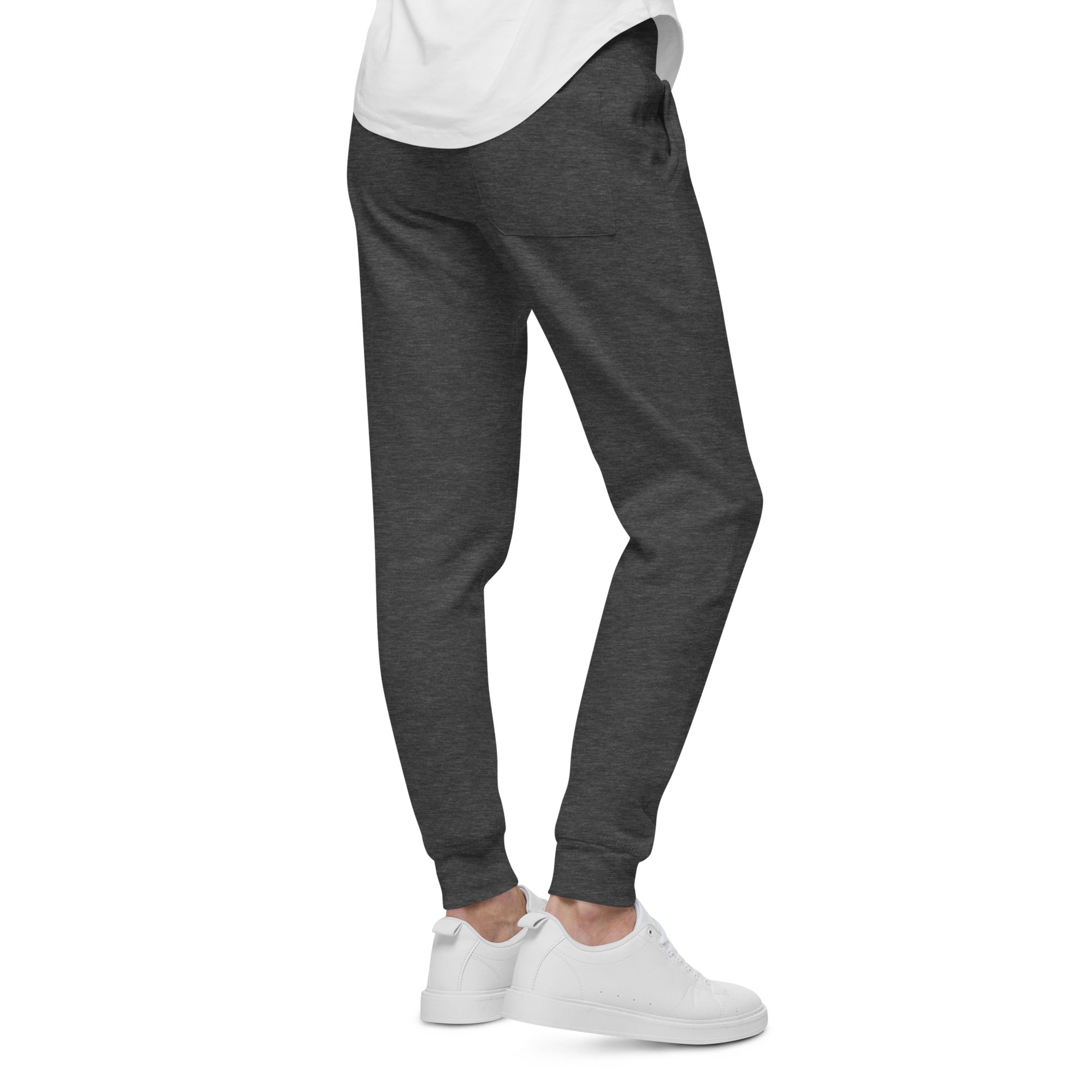 Men's essential slim fit sweatpants in graphite, side view.