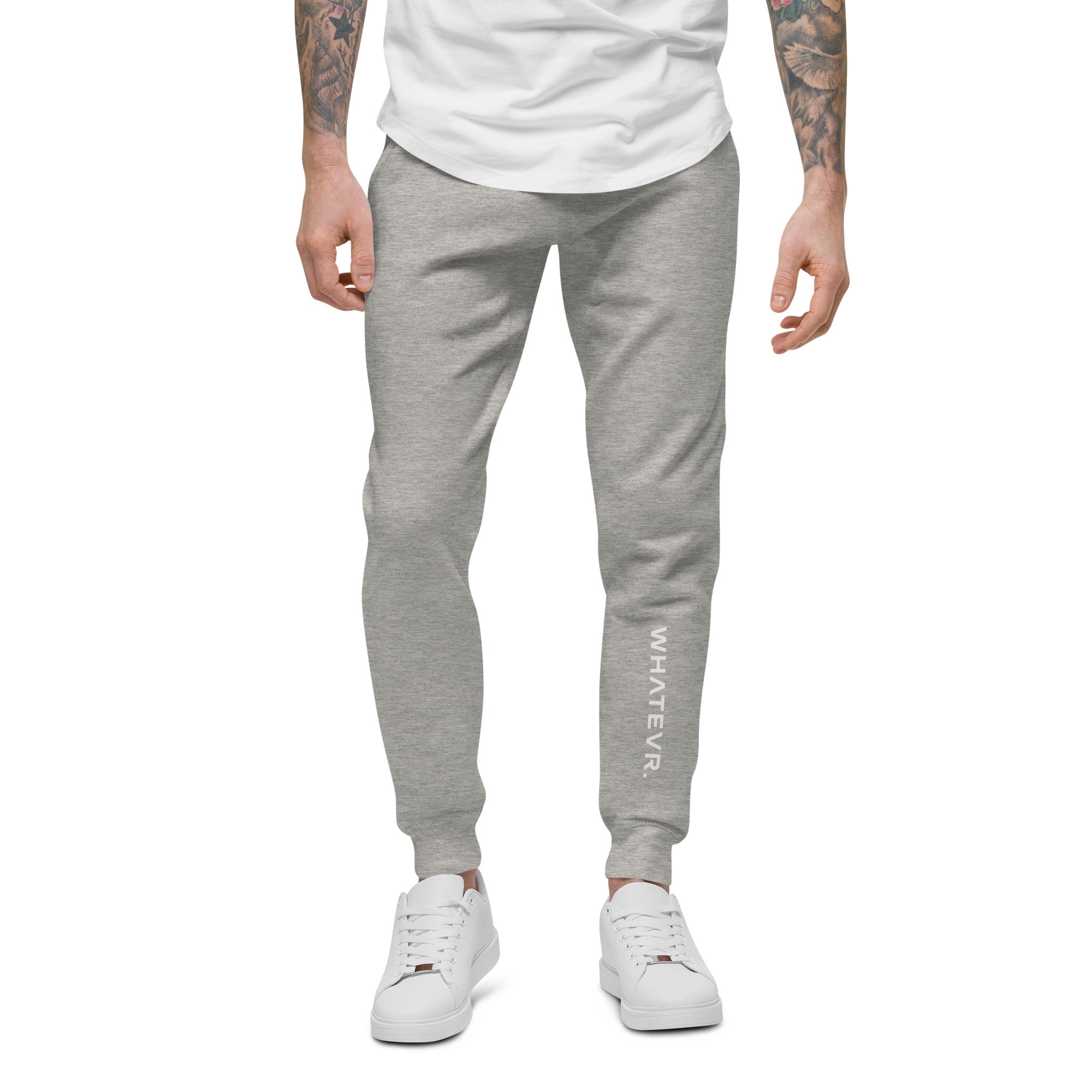 Men's essential slim fit sweatpants in heather grey, front view.