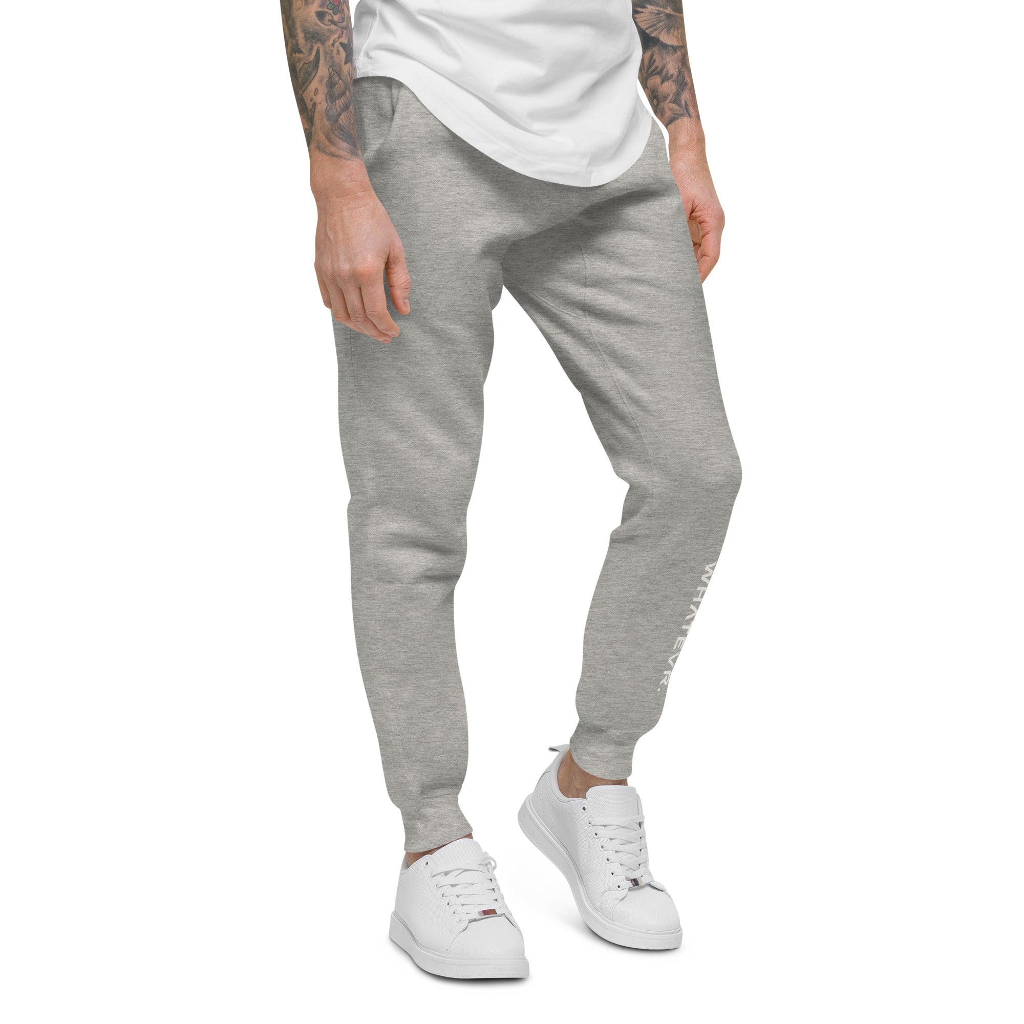 Men's essential slim fit sweatpants in heather grey, front view.