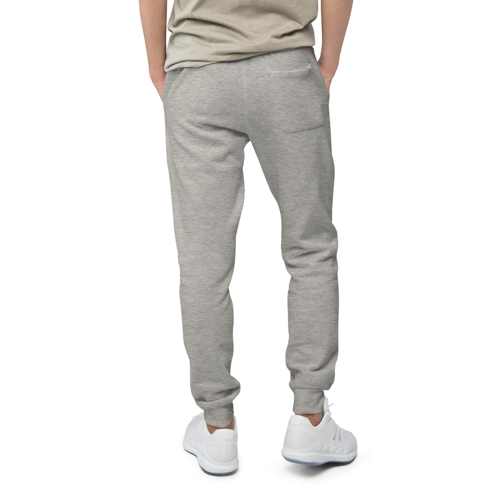 Men's essential slim fit sweatpants in light grey, back view.