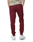 Men's essential slim fit sweatpants in maroon, back view.