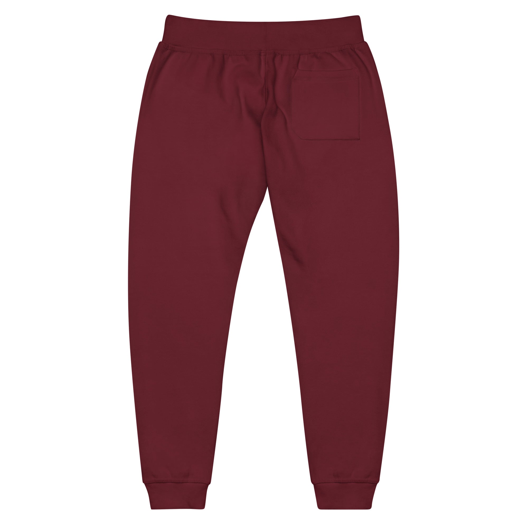 Men's essential slim fit sweatpants in maroon, back view.