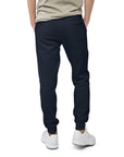 Men's essential slim fit sweatpants in dark blue, back view.