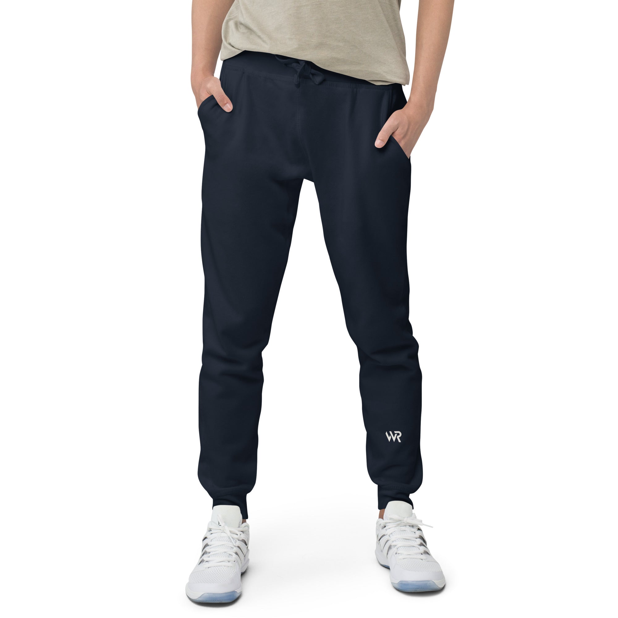 Men's essential slim fit sweatpants in dark blue, front view.