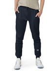 Men's essential slim fit sweatpants in dark blue, front view.