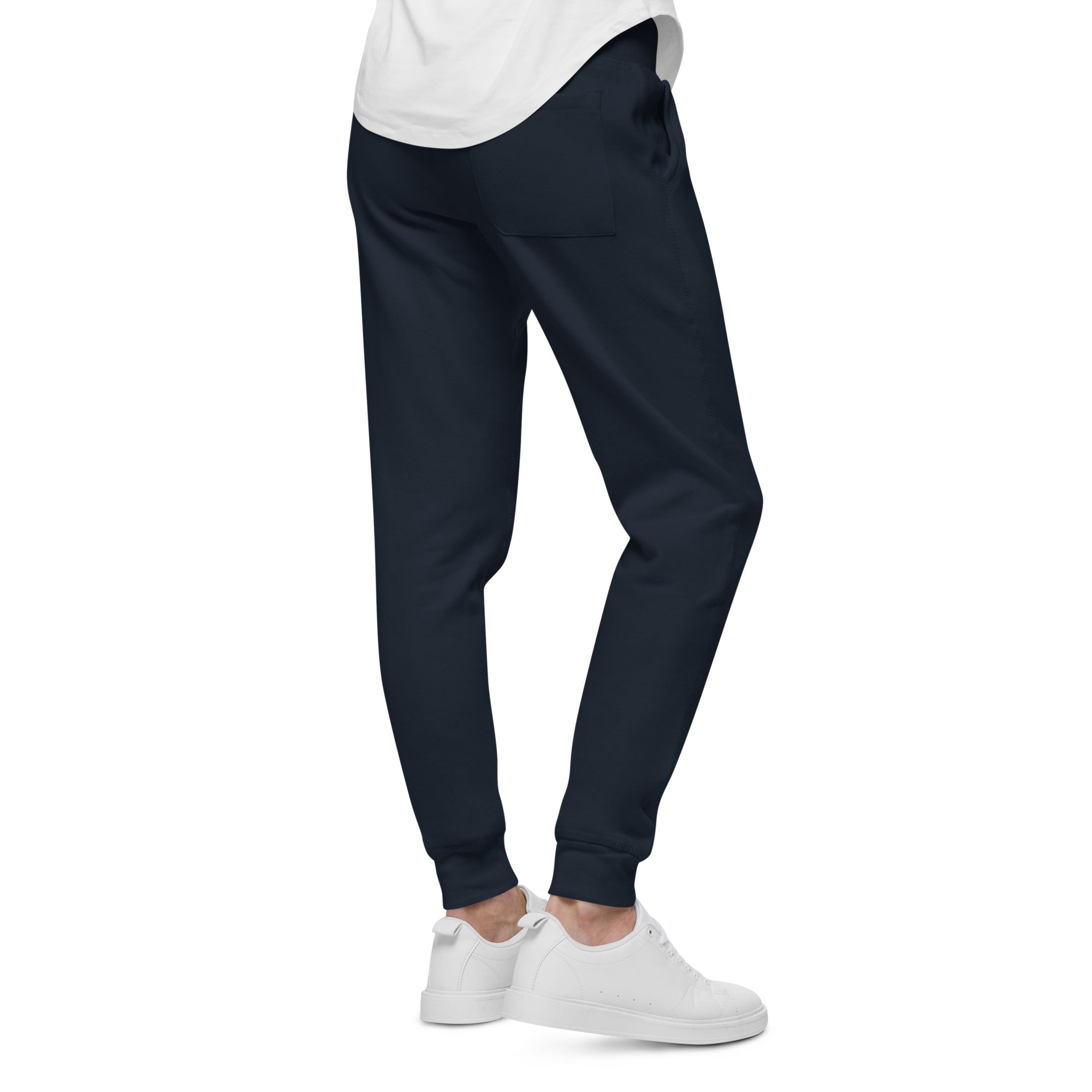 Men's essential slim fit sweatpants in blue, side view.