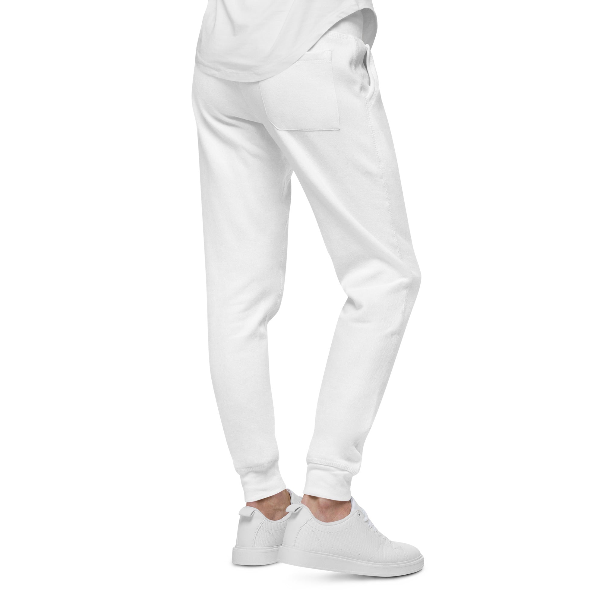 Men's essential slim fit sweatpants in white, side view.