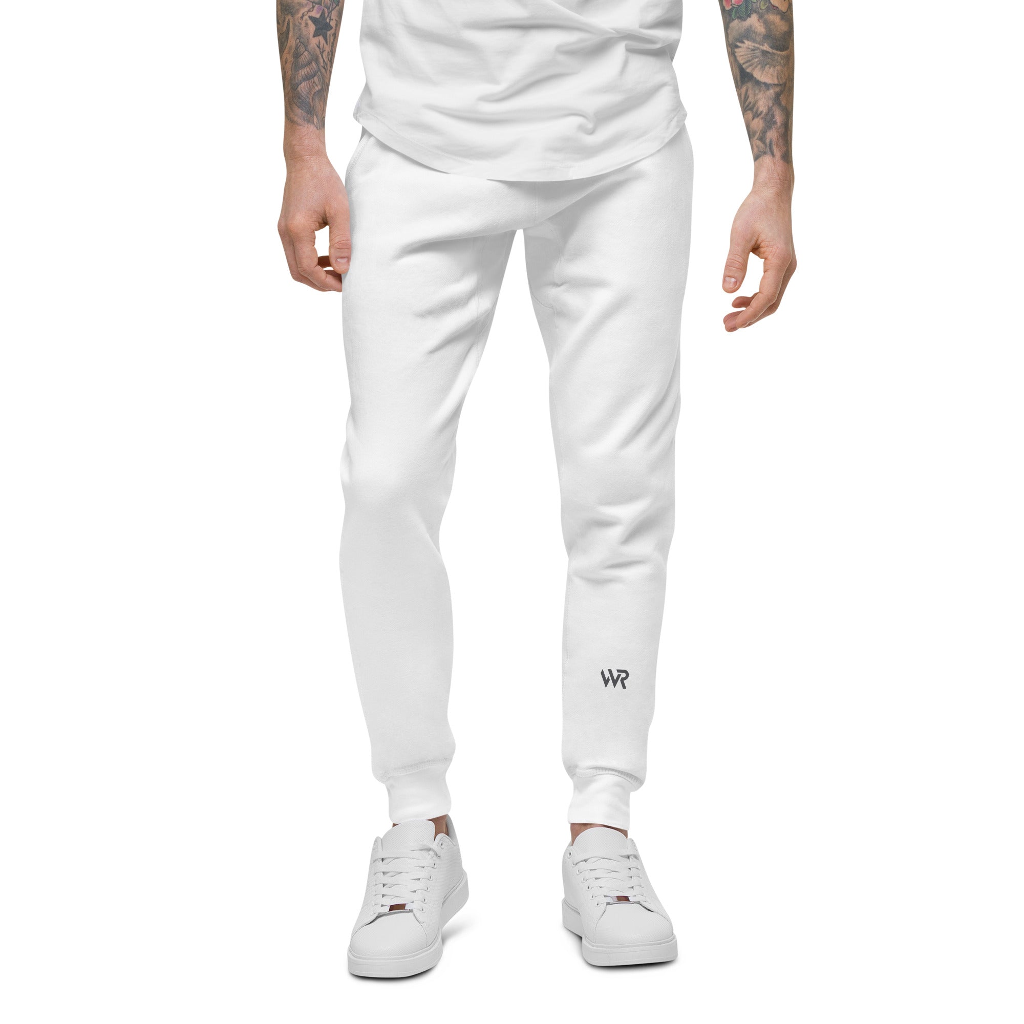 Men's essential slim fit sweatpants in white, front view.