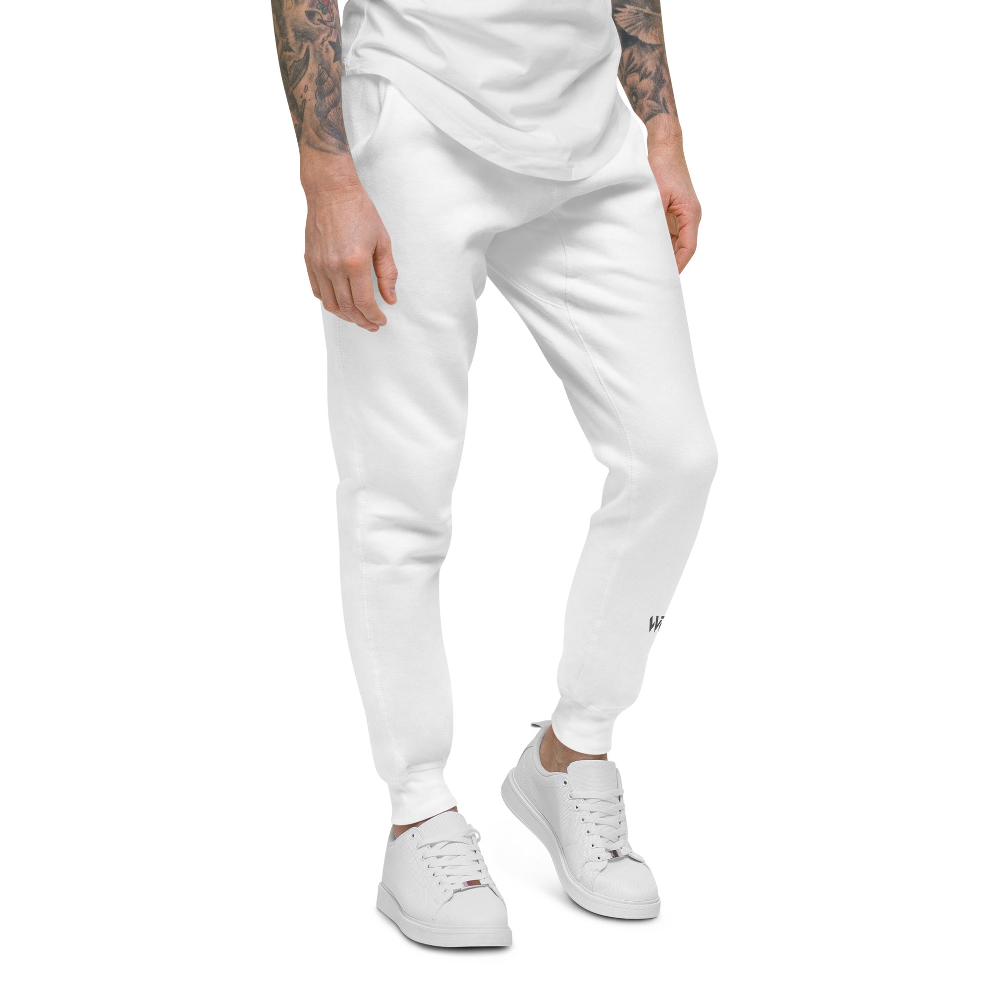Men's essential slim fit sweatpants in white, front view.