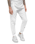 Men's essential slim fit sweatpants in white, front view.