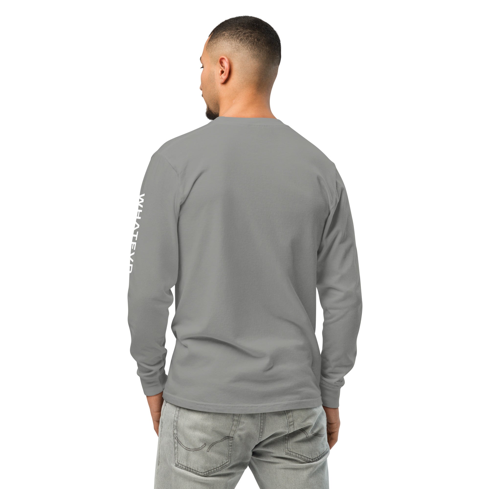 Men's premium heavyweight long sleeve t-shirt in gray, back view
