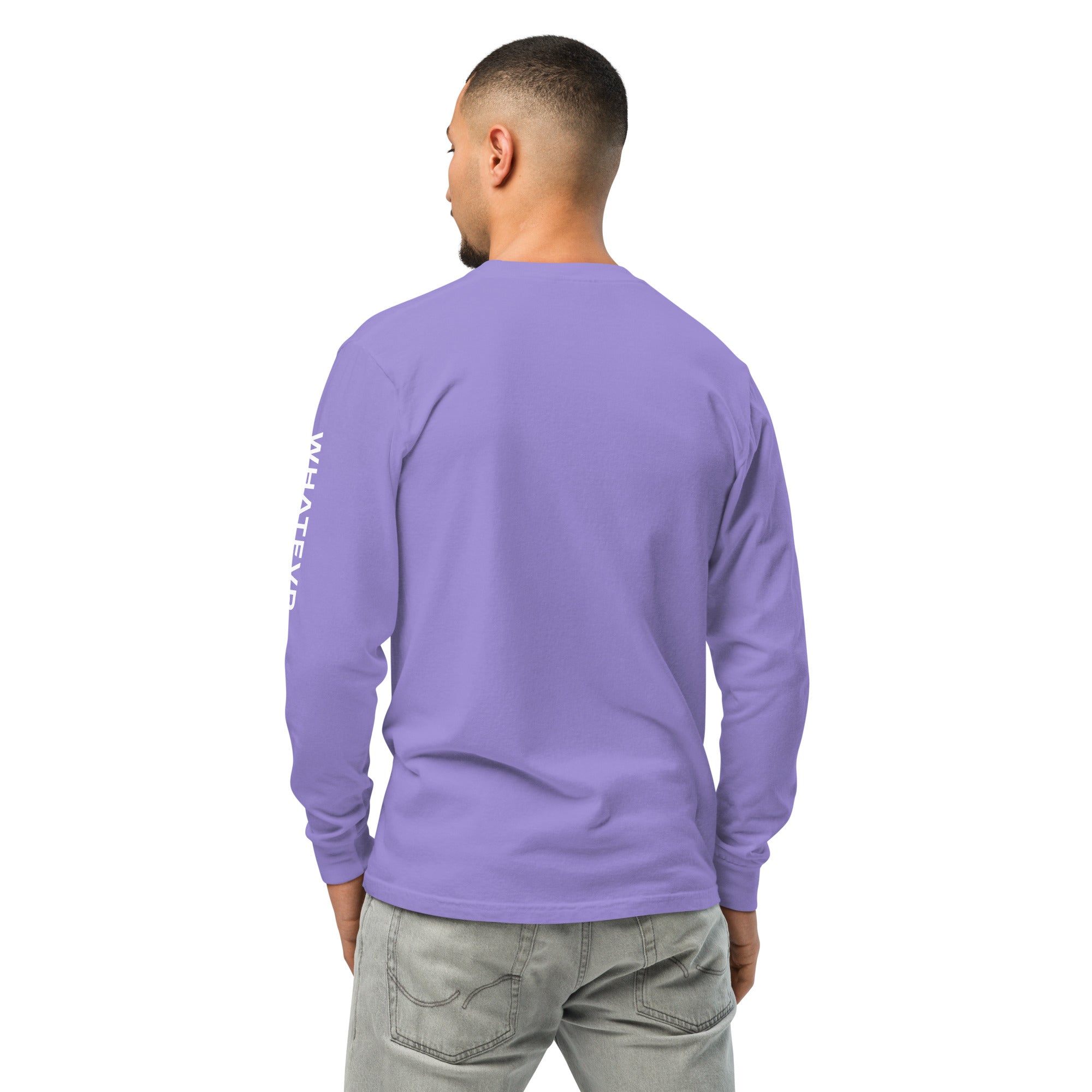 Men's premium heavyweight long sleeve t-shirt in purple, back view