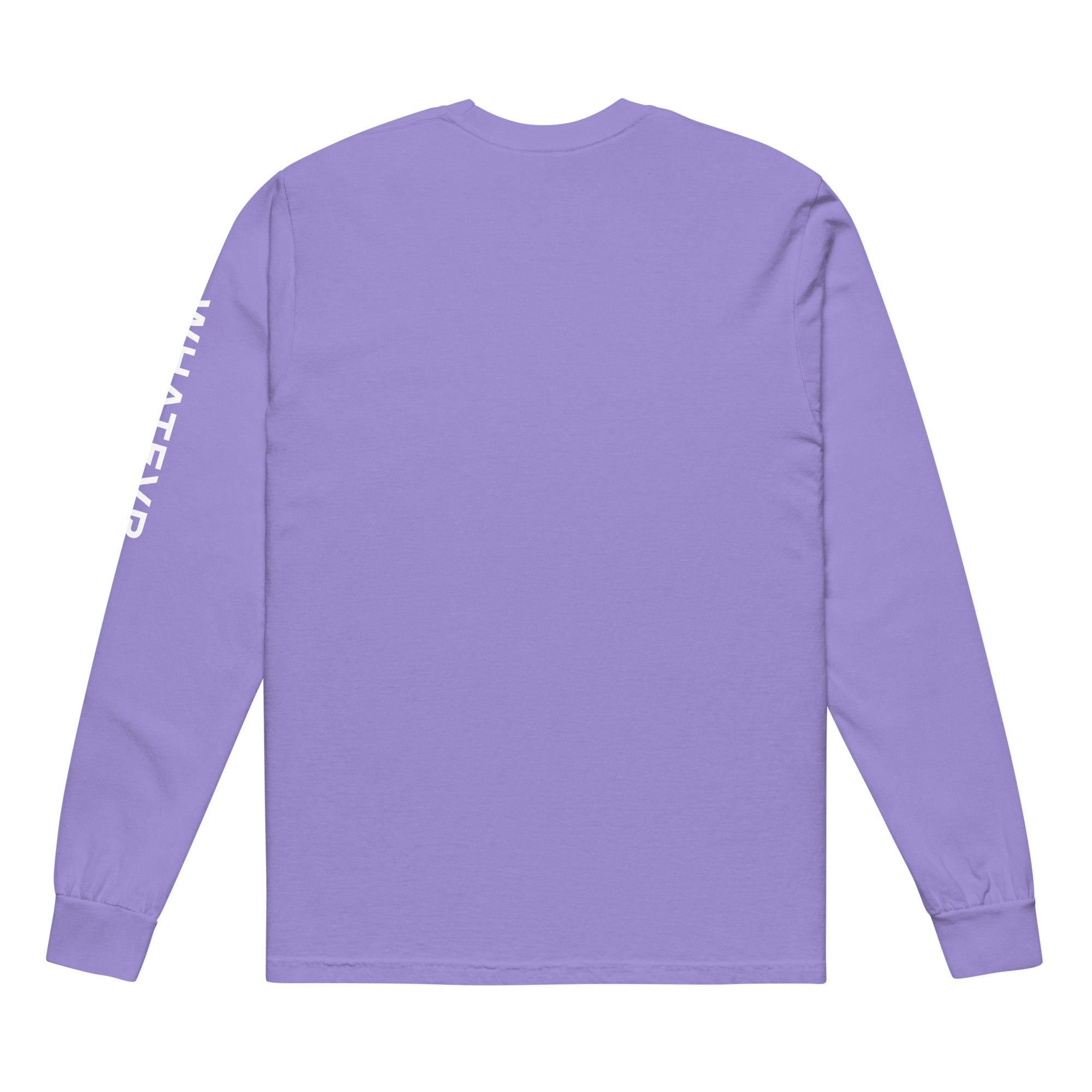 Men's premium heavyweight long sleeve t-shirt in purple, back view