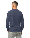 Men's premium heavyweight long sleeve t-shirt in blue, back view