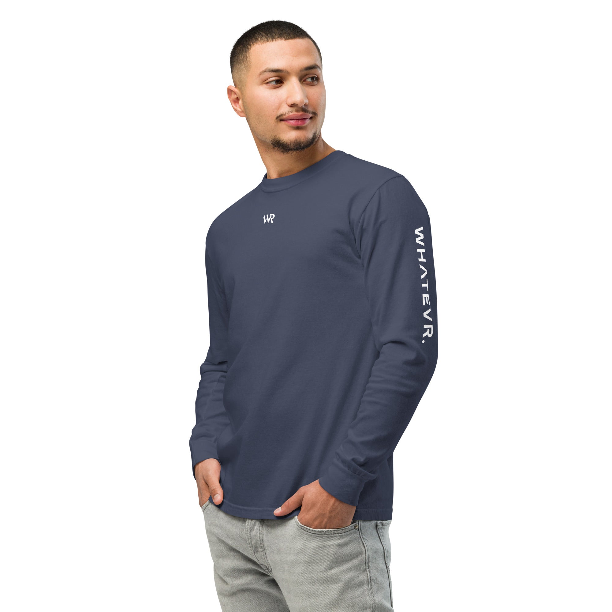 Men's premium heavyweight long sleeve t-shirt in blue, front view