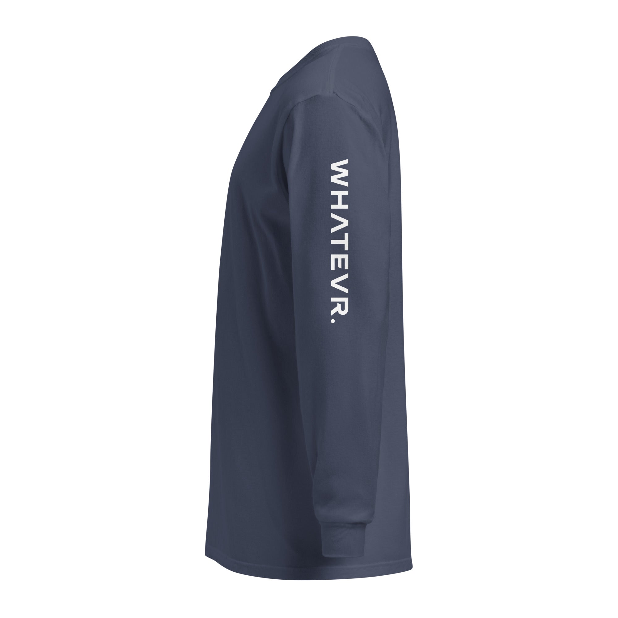 Men's premium heavyweight long sleeve t-shirt in blue, side view