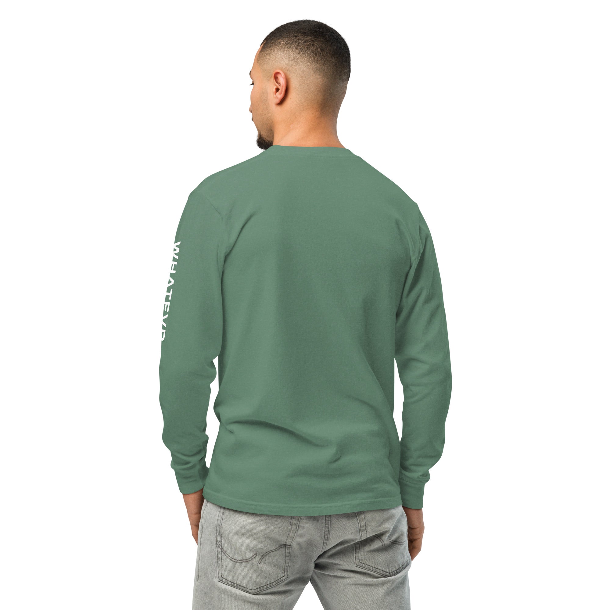 Men's premium heavyweight long sleeve t-shirt in green, back view