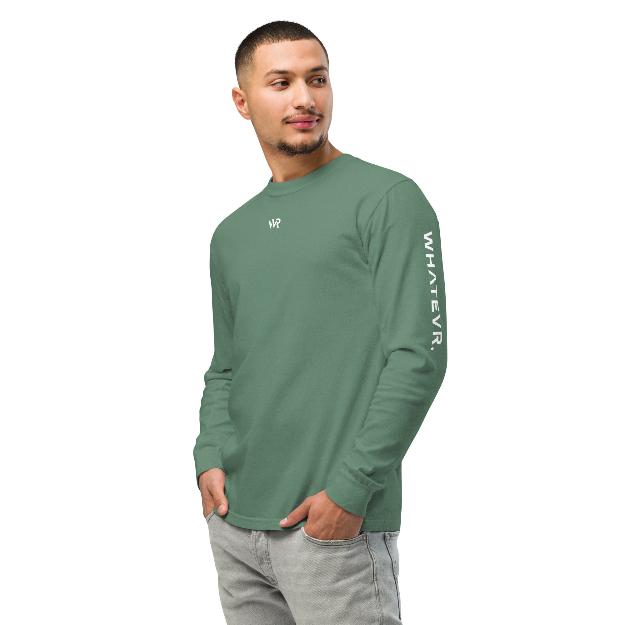 Men's premium heavyweight long sleeve t-shirt in green, front view