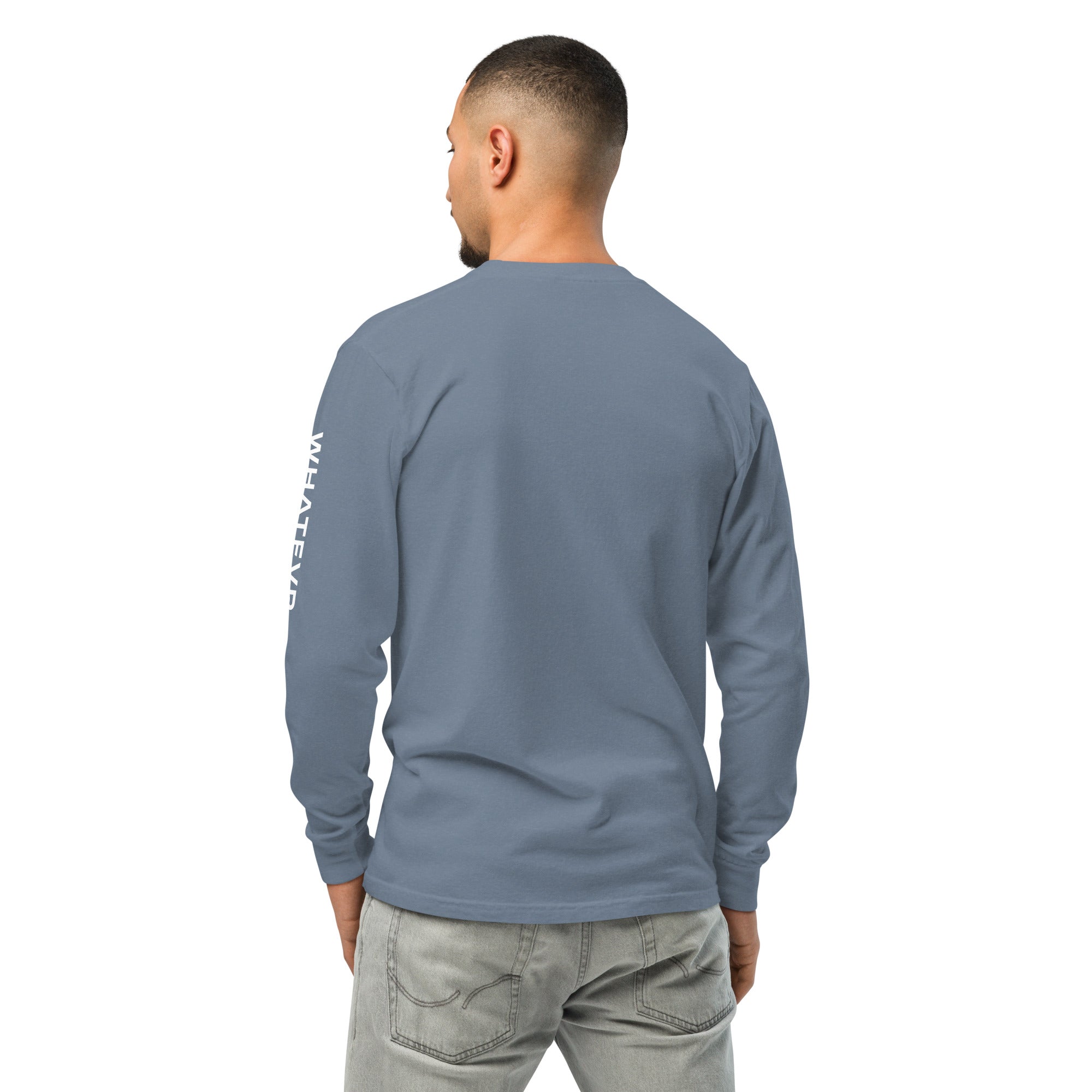 Men's premium heavyweight long sleeve t-shirt in blue, back view