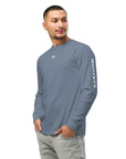 Men's premium heavyweight long sleeve t-shirt in blue, front view