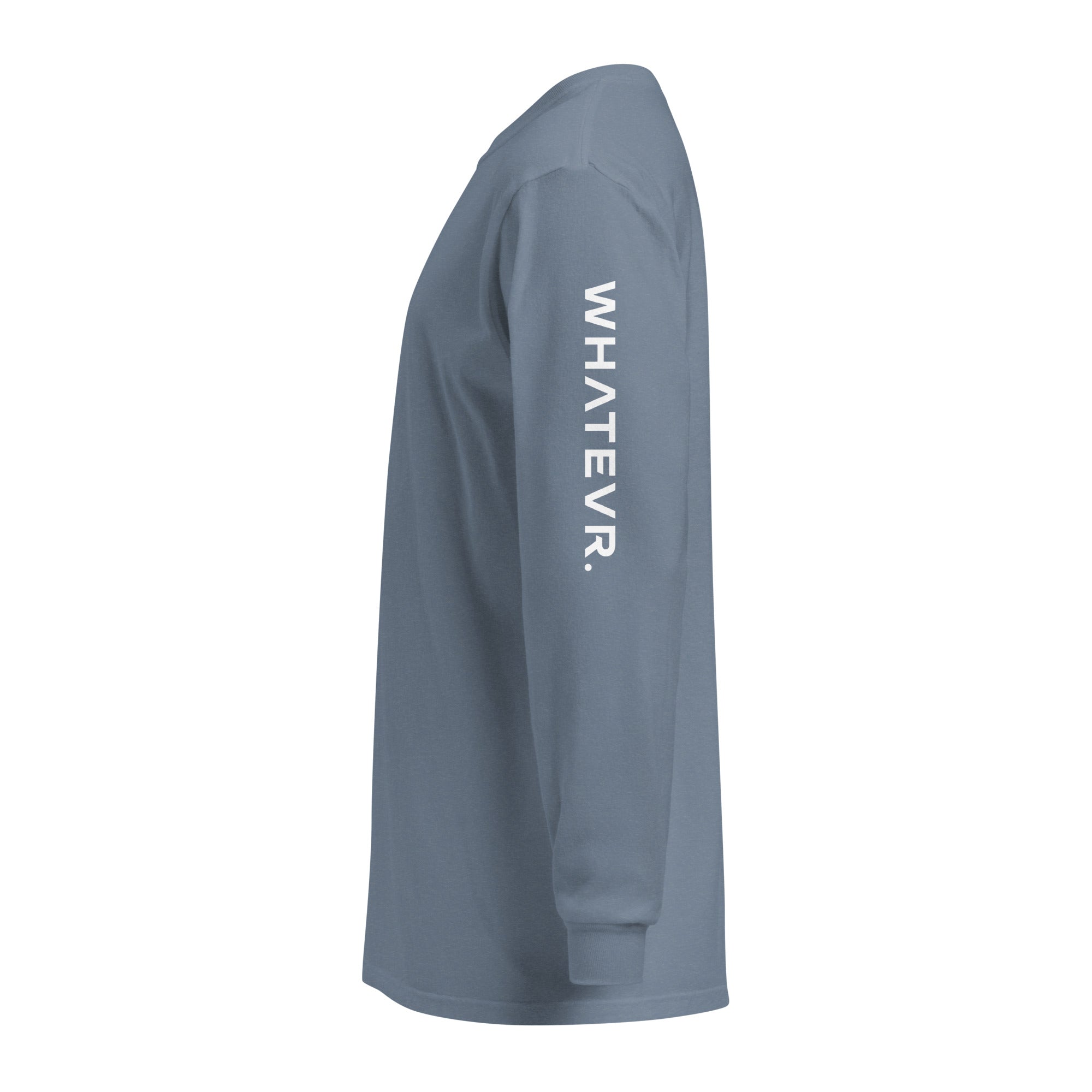 Men's premium heavyweight long sleeve t-shirt in blue, side view