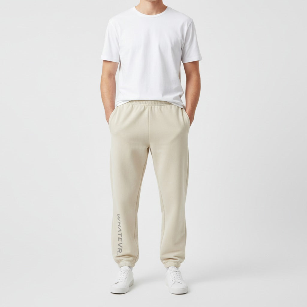 Men's premium heavyweight sweatpants in beige, front view.
