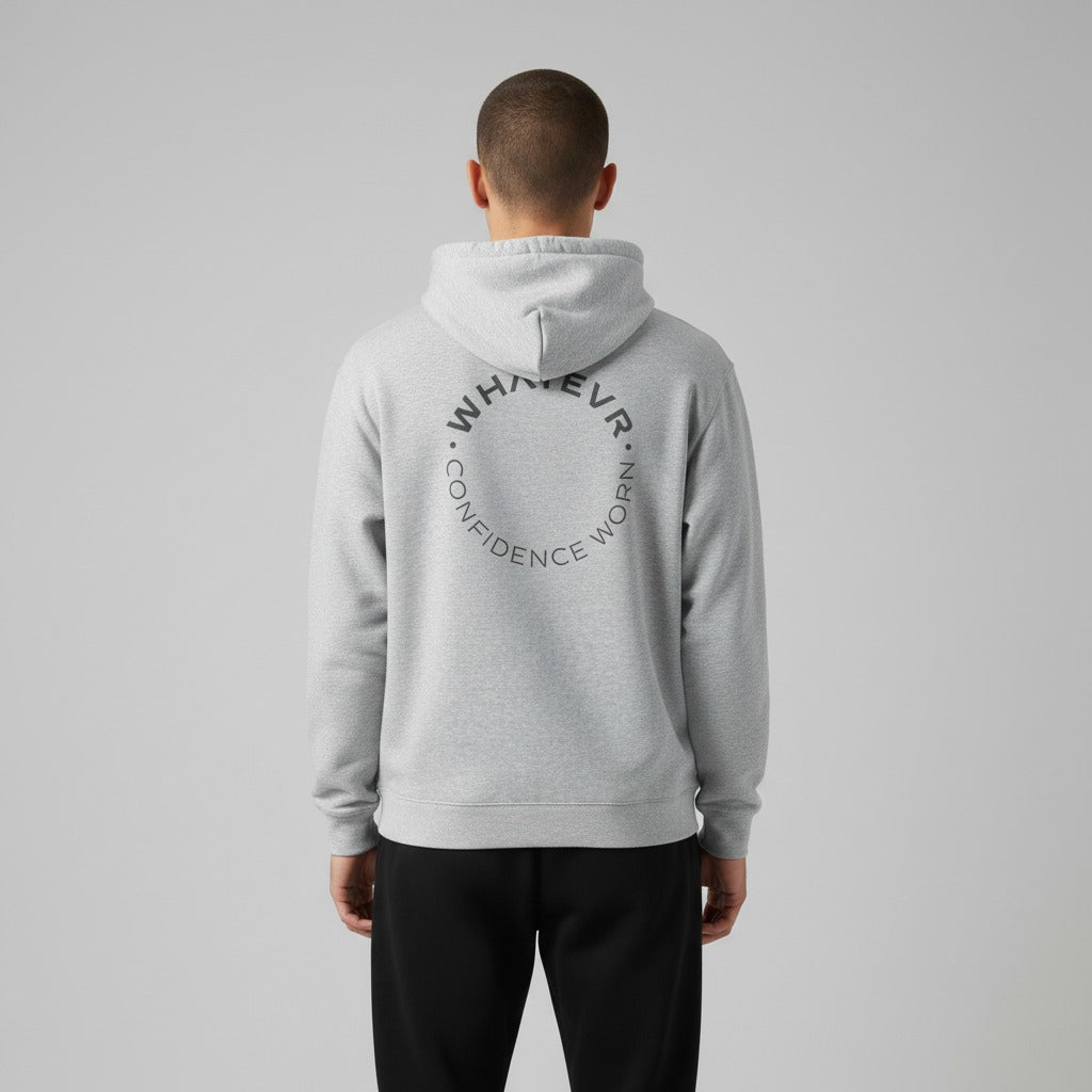 Men's premium heavyweight hoodie in ash heather with "Confidence Worn" text, back view.