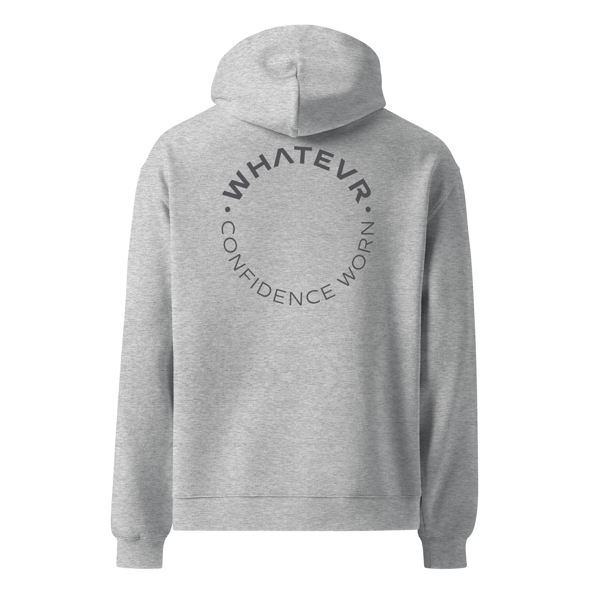 Men's premium heavyweight hoodie in ash heather with "Confidence Worn" text, back view.