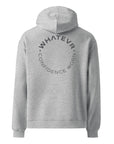 Men's premium heavyweight hoodie in ash heather with "Confidence Worn" text, back view.