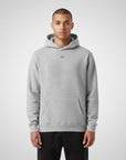 Men's premium heavyweight hoodie in ash heather with "WR" logo, front view.