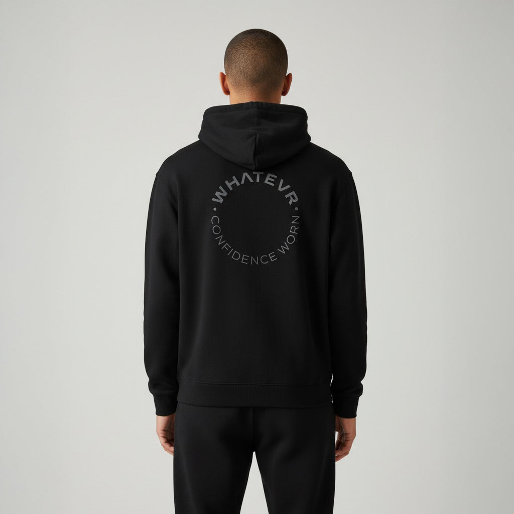 Men's premium heavyweight hoodie in black with "Confidence Worn" text, back view.