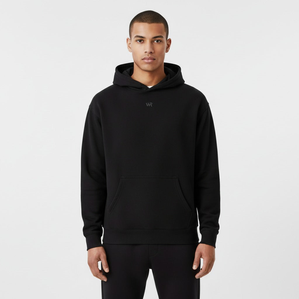 Men's premium heavyweight hoodie in black with "WR" logo, back view.