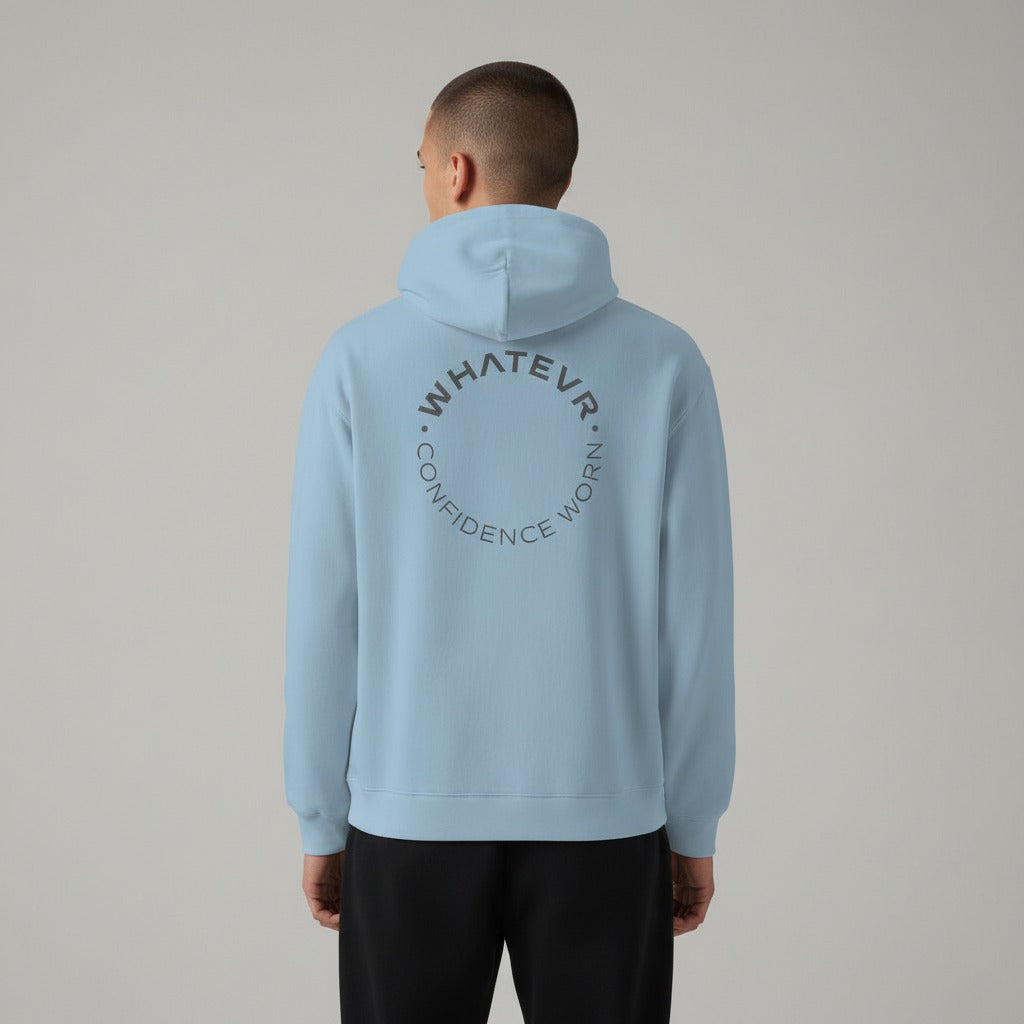 Men's premium heavyweight hoodie in blue with "Confidence Worn" text, back view.