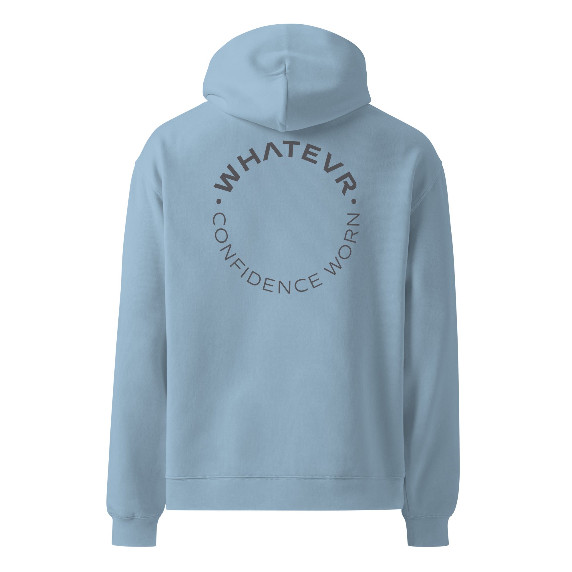 Men's premium heavyweight hoodie in blue with "Confidence Worn" text, back view.