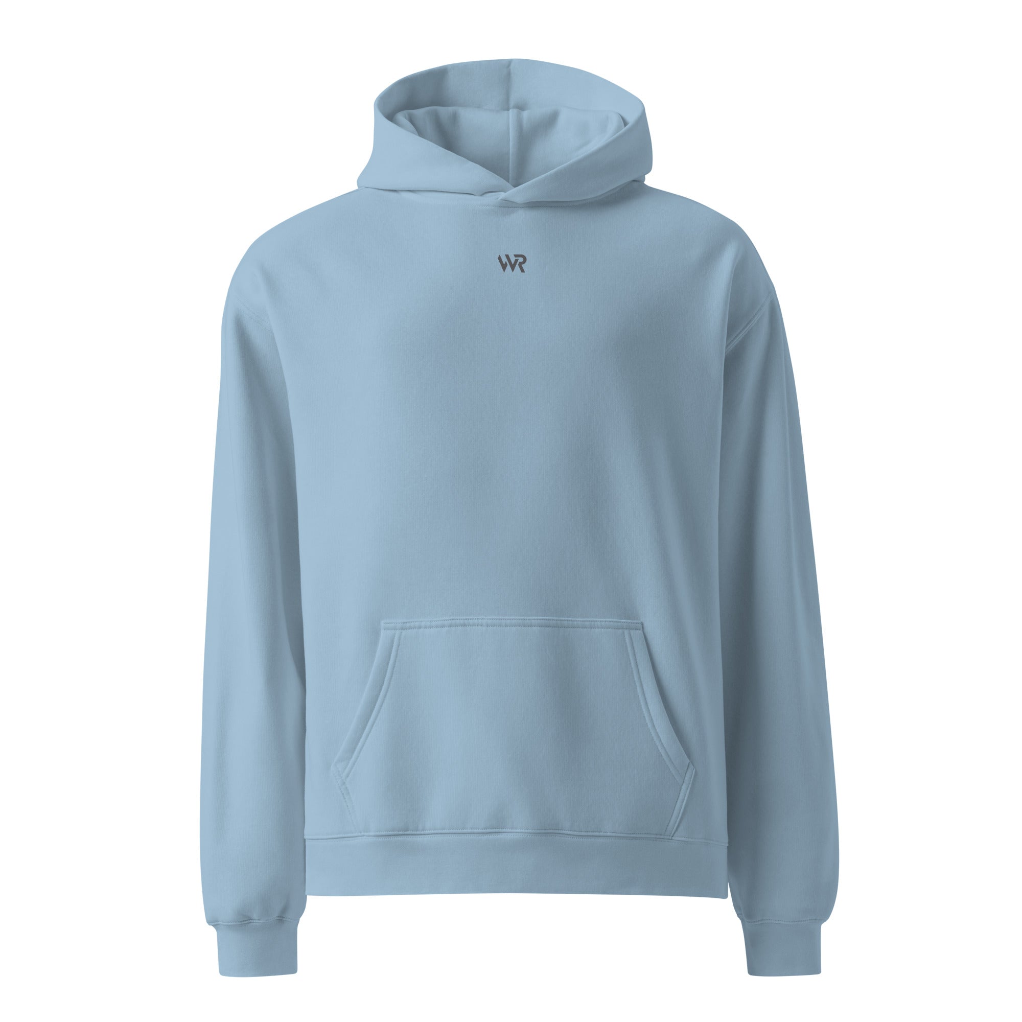 Men's premium heavyweight hoodie in blue with "WR" logo, front view.