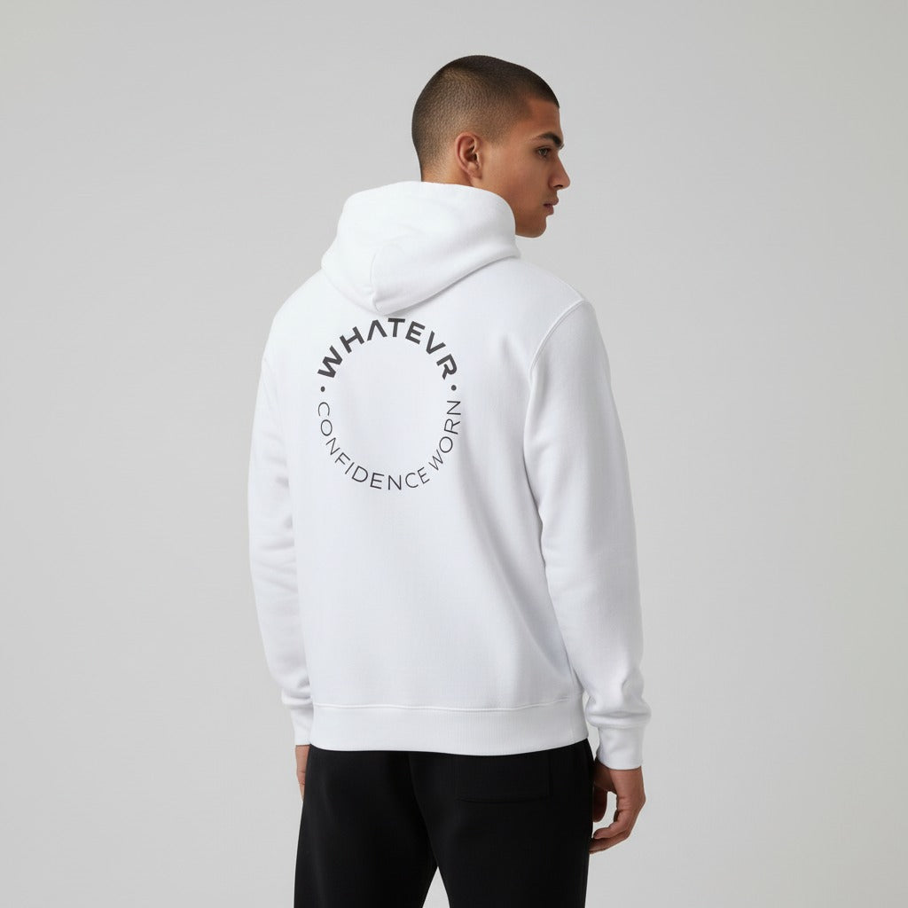 Men's premium heavyweight hoodie in white with "Confidence Worn" text, back view.
