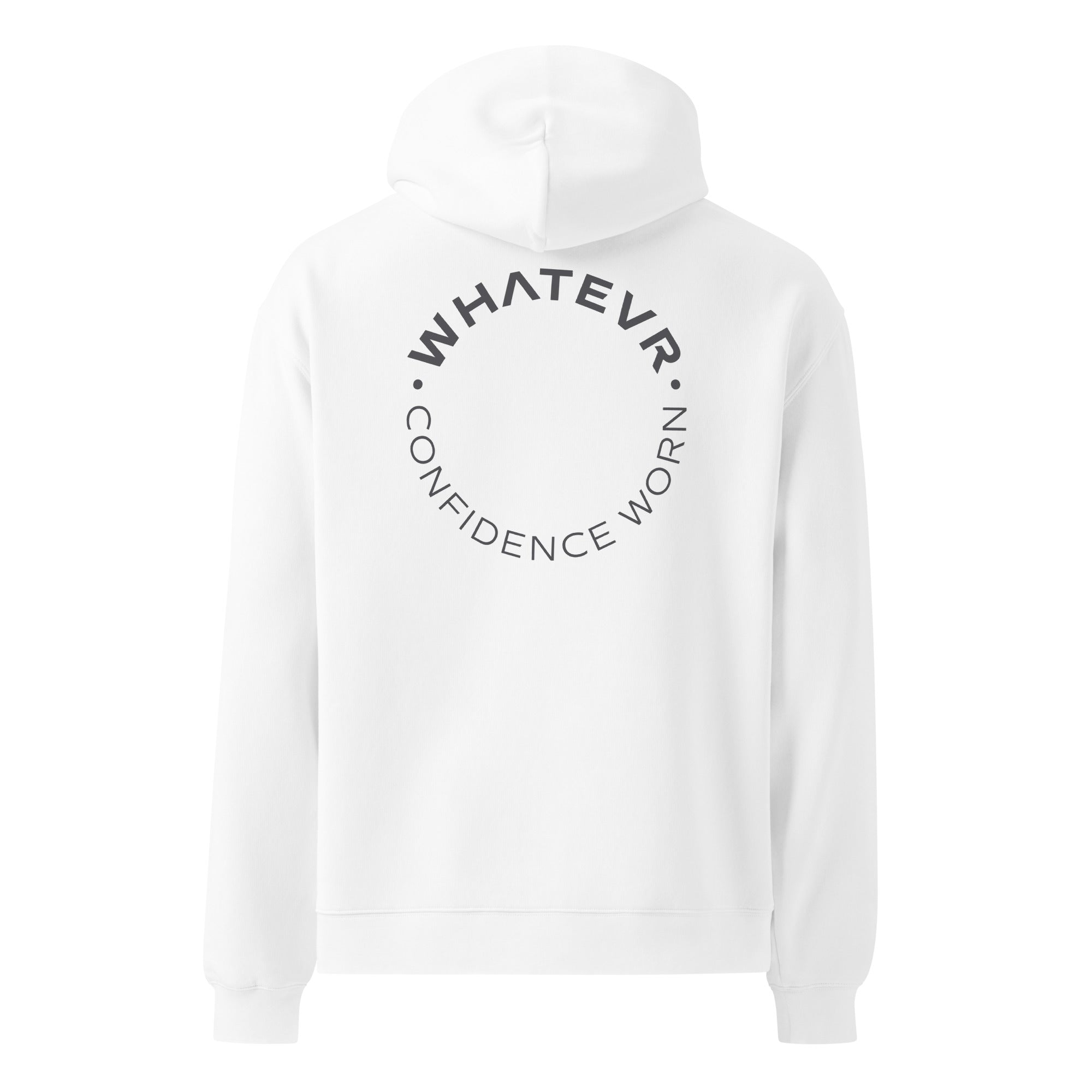 Men's premium heavyweight hoodie in white with "Confidence Worn" text, back view.