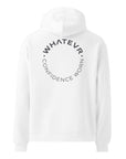 Men's premium heavyweight hoodie in white with "Confidence Worn" text, back view.