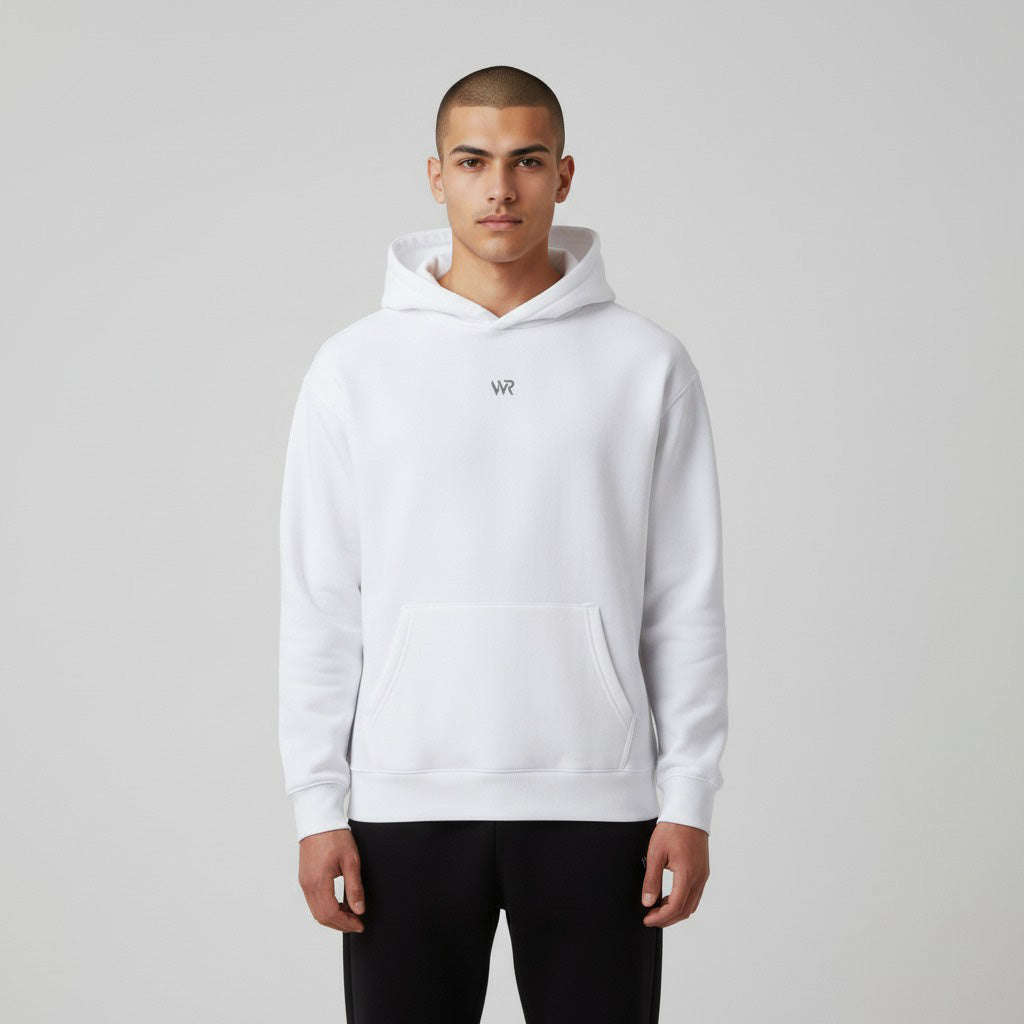Men's premium heavyweight hoodie in white with "WR" logo, front view.