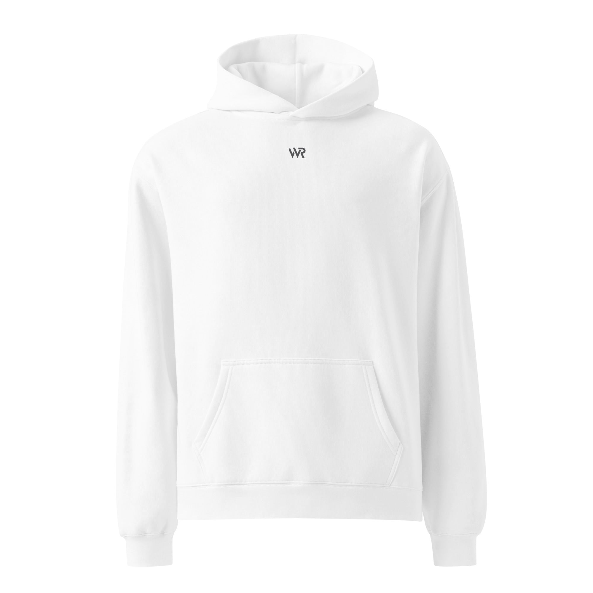 Men's premium heavyweight hoodie in white with "WR" logo, front view.