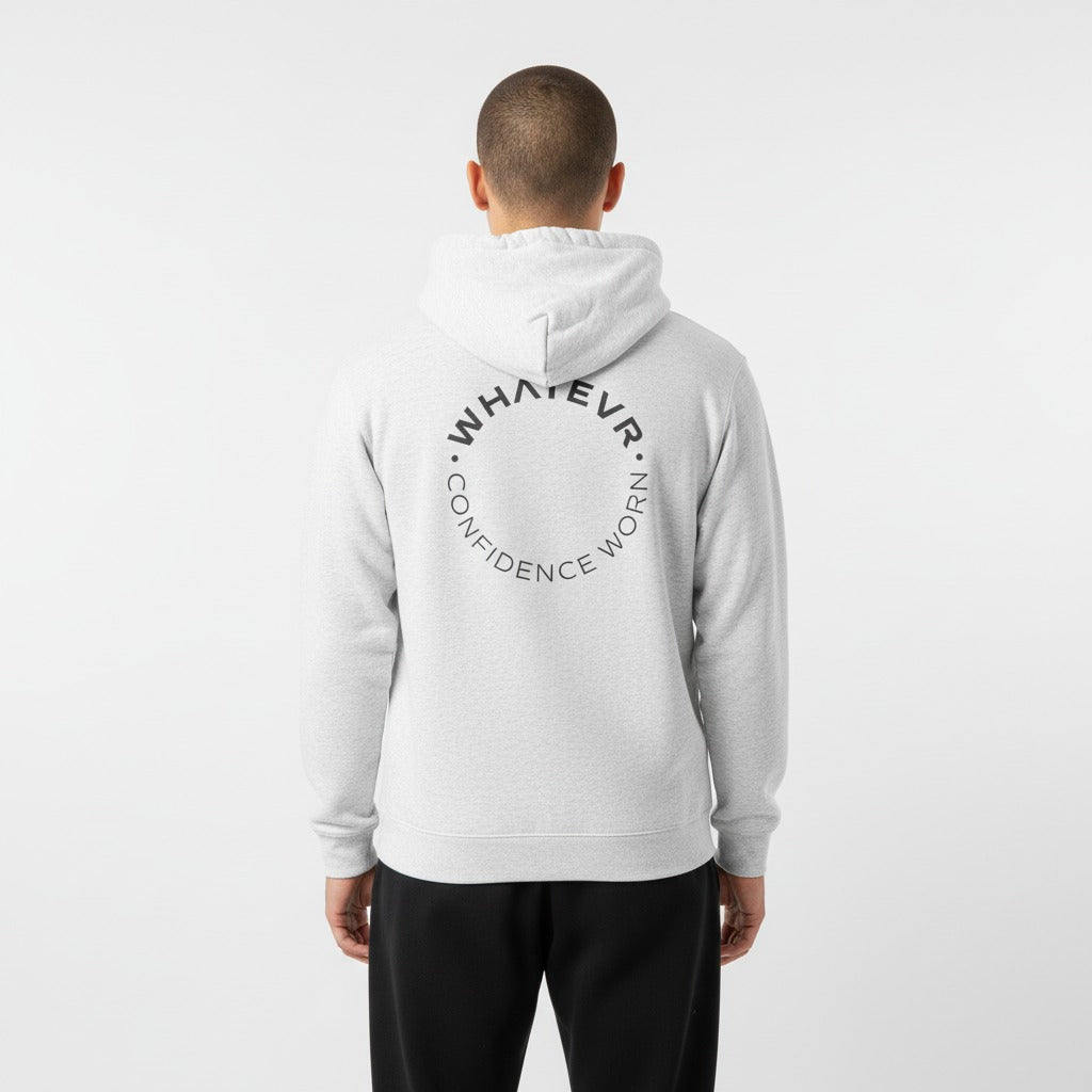 Men's premium heavyweight hoodie in white heather with "Confidence Worn" text, back view.