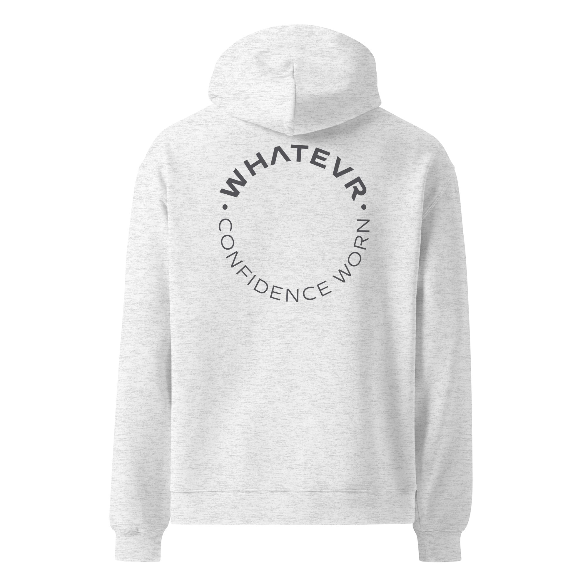 Men's premium heavyweight hoodie in white heather with "Confidence Worn" text, back view.